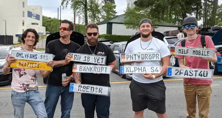 Here you see many happy customers with their Custom German License Plates made at one of the Car Shows we attended where we make your Custom European License Plate within minutes on the spot. 