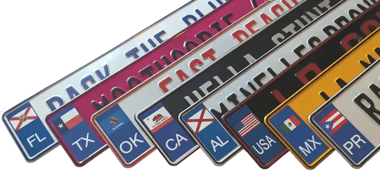 Custom European License Plates with many US State and Country Stickers in different colors available. Customize a Mexico or Puerto Rico Flag Euro License Plate.